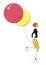 Red and yellow balloons in the hands of a walking girl. A graceful red-haired girl in white boots, a black blouse and an orange