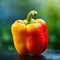 A red and yellow bell pepper sitting on a table, AI