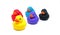 Red yellow blue pink and black bath ducks