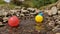 Red yellow and blue plastic balls floating down the stream