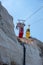 Red and yellow cable cars at Rosh Hanikra National Park and grottoes in Israel