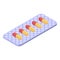Red yellow capsule blister icon, isometric style