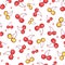 Red and yellow cherries on white background. Vector seamless pattern