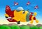 Red and yellow commercial plane flying