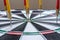 Red and yellow dart arrows hitting in the target center of dartboard. Success hitting target aim goal achievement concept