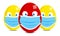 Red yellow easter eggs in a medical mask. smiley face. print sign