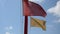 Red and yellow flag on the beach fluttering in the wind