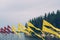 Red and yellow flying flags at river`s bank against rocks, dark forest and grey sky