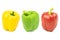 Red yellow green bell peppers vegetable isolated on a white.