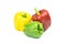 Red yellow green bell peppers vegetable isolated on a white.