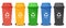 Red, yellow, green, blue and black recycle bins.