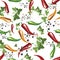 Red, yellow and green chili peppers.Green leavs.Peppercorns.Hand drawn on style pop art.Vector illustration,seanless,set