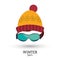 Red and yellow knitted cap glasses winter sport