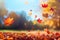 Red and yellow maple trees falling from a tree in sunny autumn day. Generative AI illustration