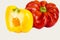 Red, yellow, orange, l peppers on white background
