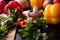 Red and yellow pepper, mushrooms and greenery