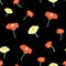 Red and yellow poppy flowers seamless vector background. Poppies red and yellow on black background. Retro floral background. Hand