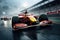 A red and yellow race car drives with speed and precision, navigating a wet race track, High-speed Formula 1 race in a