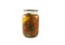 Red and yellow tomatoes canned in the small glass jar isolated
