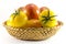 Red and yellow tomatoes in wicker oval shape