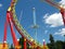 Red and yellow track of a roller coaster in Vienna`s Prater, Austria