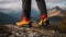 Red, yellow trekking shoes of a hiker crossing a mountainous area at the top of a hill. Generative AI