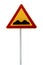 Red and yellow triangular warning road sign with a warning of a bumpy road ahead