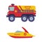 Red and Yellow Truck with Siren and Motor Boat as Rescue Equipment and Emergency Vehicle for Urgent Saving of Life