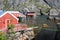 Red and yellow wooden fishing cabins in Norway