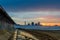 Redcar beach at sunset. Industrial background.