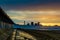 Redcar beach at sunset. Industrial background.