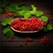 Redcurrant banner. Bowl full of redcurrant. Close-up food photography background