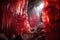 reddish crystals glowing on cave walls