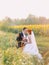 Redhair bride and handsome groom lovingly look at each other in a sunflower sunny field