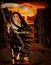 Redhair Lady Grim Reaper in a ruined city with nuclear explosion, vector