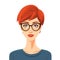 Redhaired woman wearing glasses, smiling, professional look, stylish haircut, confident