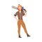 Redhead Bearded Woodman or Lumberman in Checkered Shirt and Sling Pants Standing with Chain Saw Vector Illustration