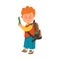 Redhead Boy with Backpack Holding Touch Screen Smart Phone Vector Illustration