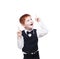 Redhead boy in vest with bow tie, happy and delighted