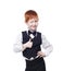 Redhead boy in vest wink and shows thumb up