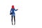 Redhead businesswoman holding handbag pointing finger something female office worker business woman standing pose full