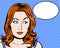 Redhead comic pop art character looking sideways with speech bubble