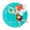 Redhead faerie with transparent wings holds dandelion logo