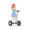 Redhead Girl In Blue Dress Riding Electric Self-Balancing Battery Powered Personal Electric Scooter Cartoon Character