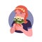 The redhead girl holding kalanchoe and sniffs happily. The plant pot and happy woman