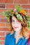 Redhead girl with oak leaves wreath at Germany Unity day