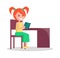 Redhead Girl Profile View Sits at Desk with Book