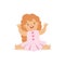 Redhead Girl Sitting In Pink Dress, Adorable Smiling Baby Cartoon Character Every Day Situation