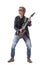 Redhead macho stylish man skillful rock musician looking up playing electric guitar vertical.