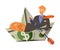 Redhead Man Sailing in Dollar Boat with Coins Vector Illustration